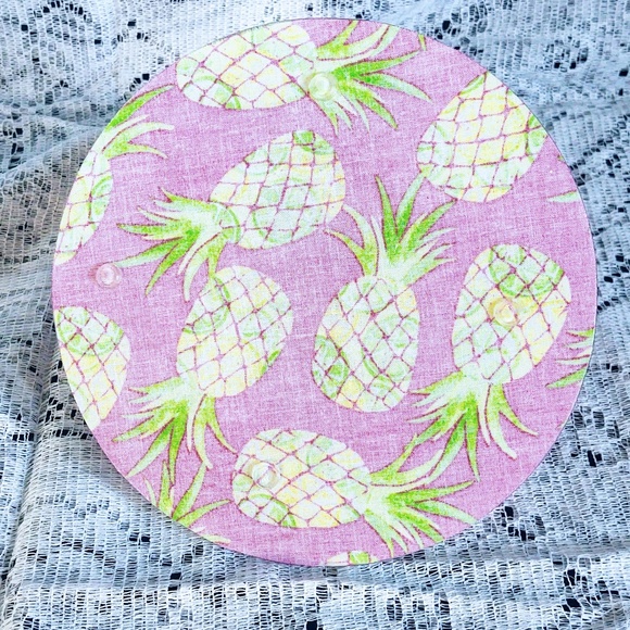Hand Crafted Fabric Decoupage Glass Trivet/Cutting Board 8" Round/Pineapples - Picture 2 of 2